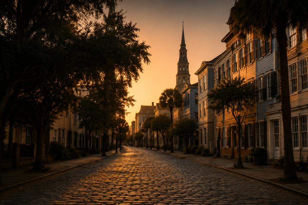 Charleston destination imagery representing historic streets, waterfront views, architecture, and Gullah Geechee travel experiences